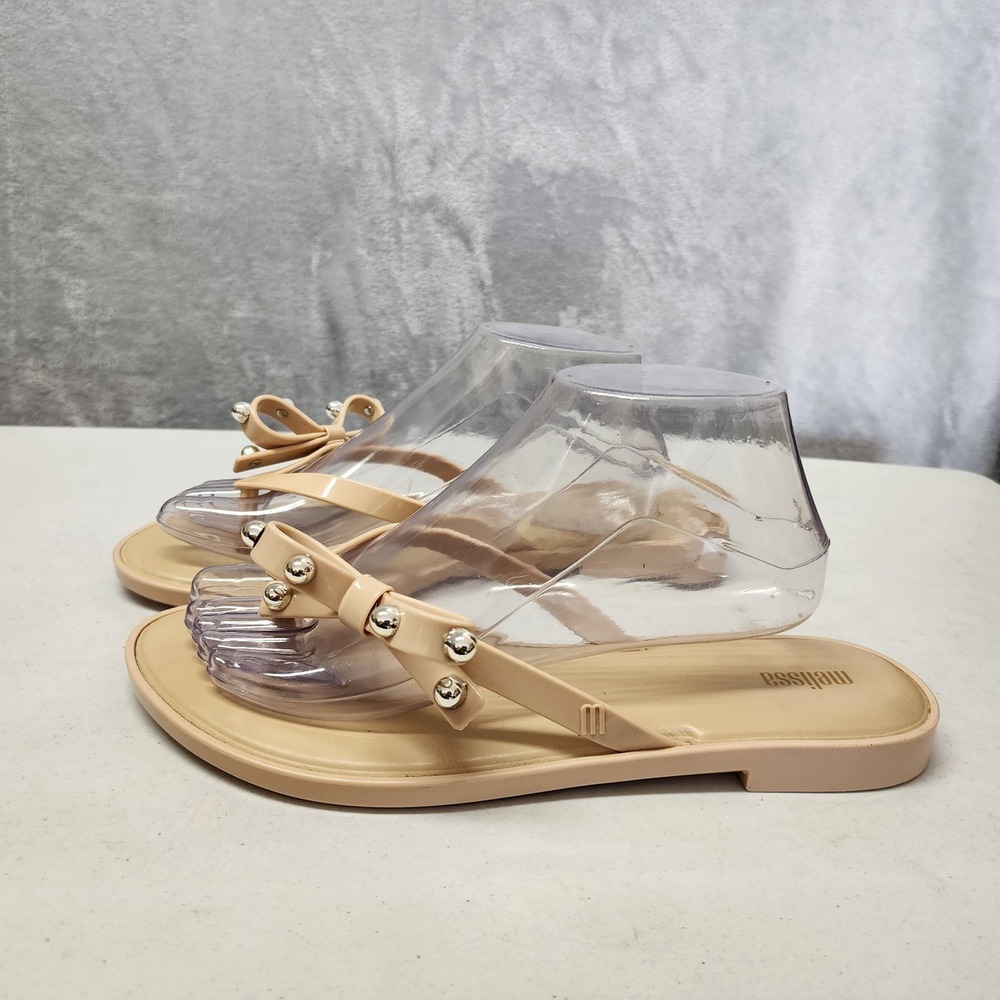 Melissa Sandals Womens Size 10 Slim Li Flip Flops Tan Silver Beaded Bow Thong - Picture 8 of 11